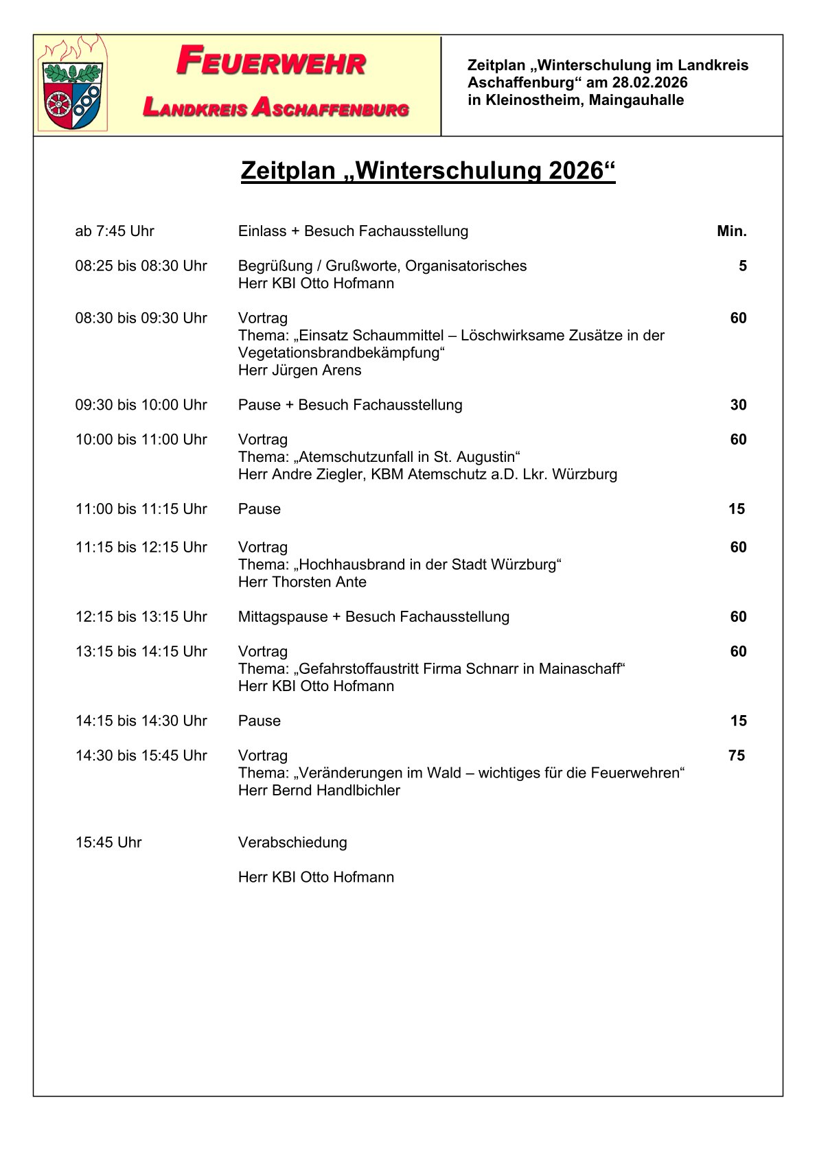Zeitplan Winterschulung 2026