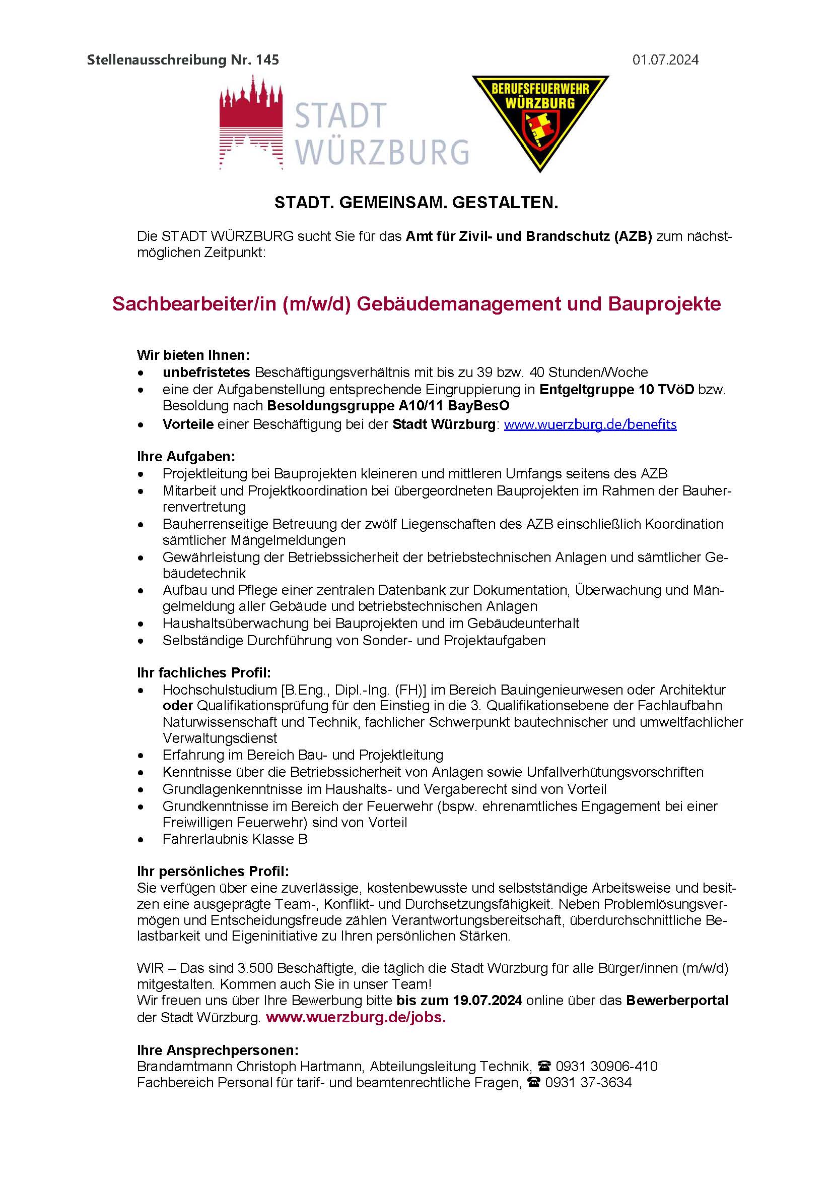 STA Nr. 145 2024 extern Sachbearbeitung Gebäudemanagement