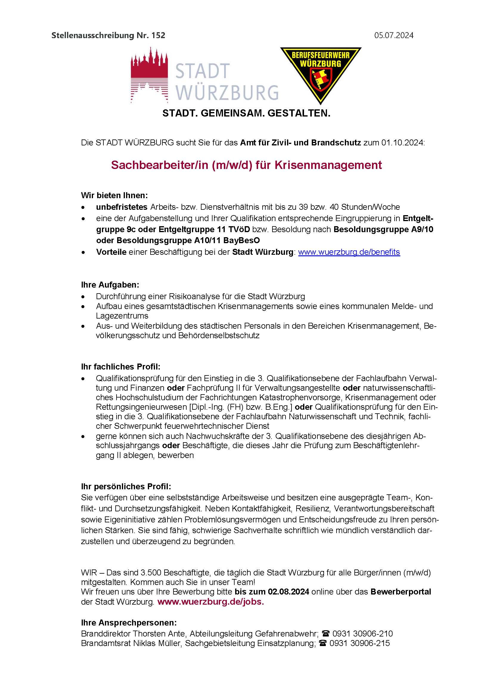STA Nr. 152 2024 extern Sachbearbeitung Krisenmanagement