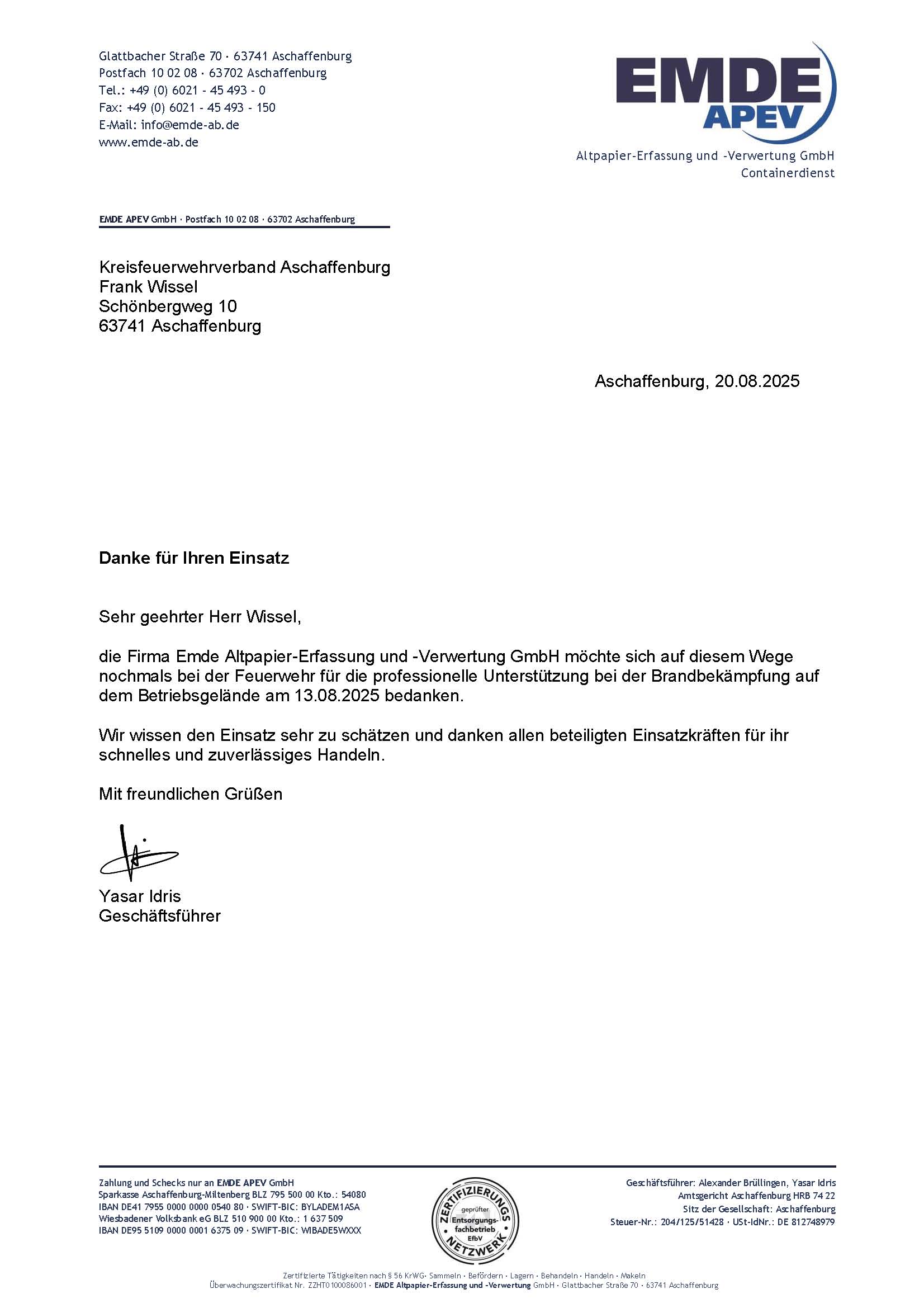 20250813 Dankschreiben der Fa Emde für den FW Einsatz