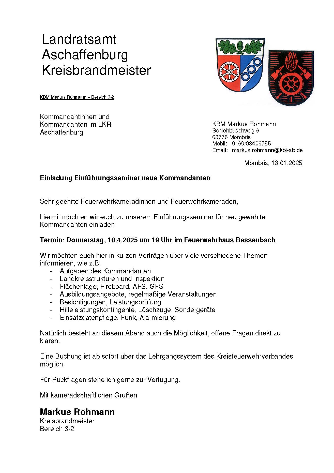 Einladung Seminar neue Kommandanten 2025