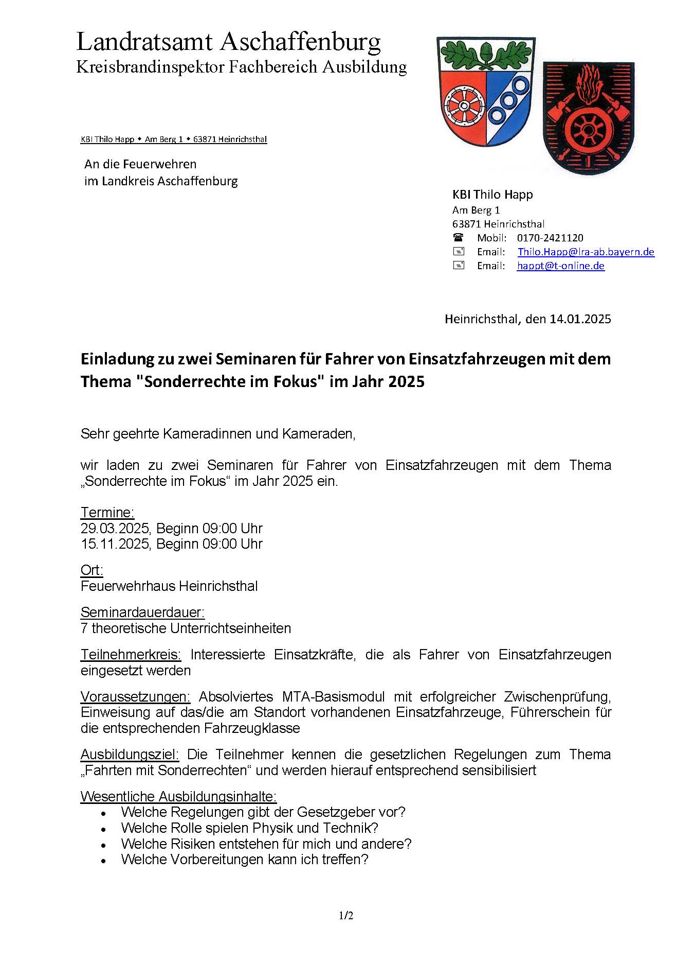 Einladungsschreiben Seminar Fahrerschulung Sonderrechte im Fokus 2025 Seite 1