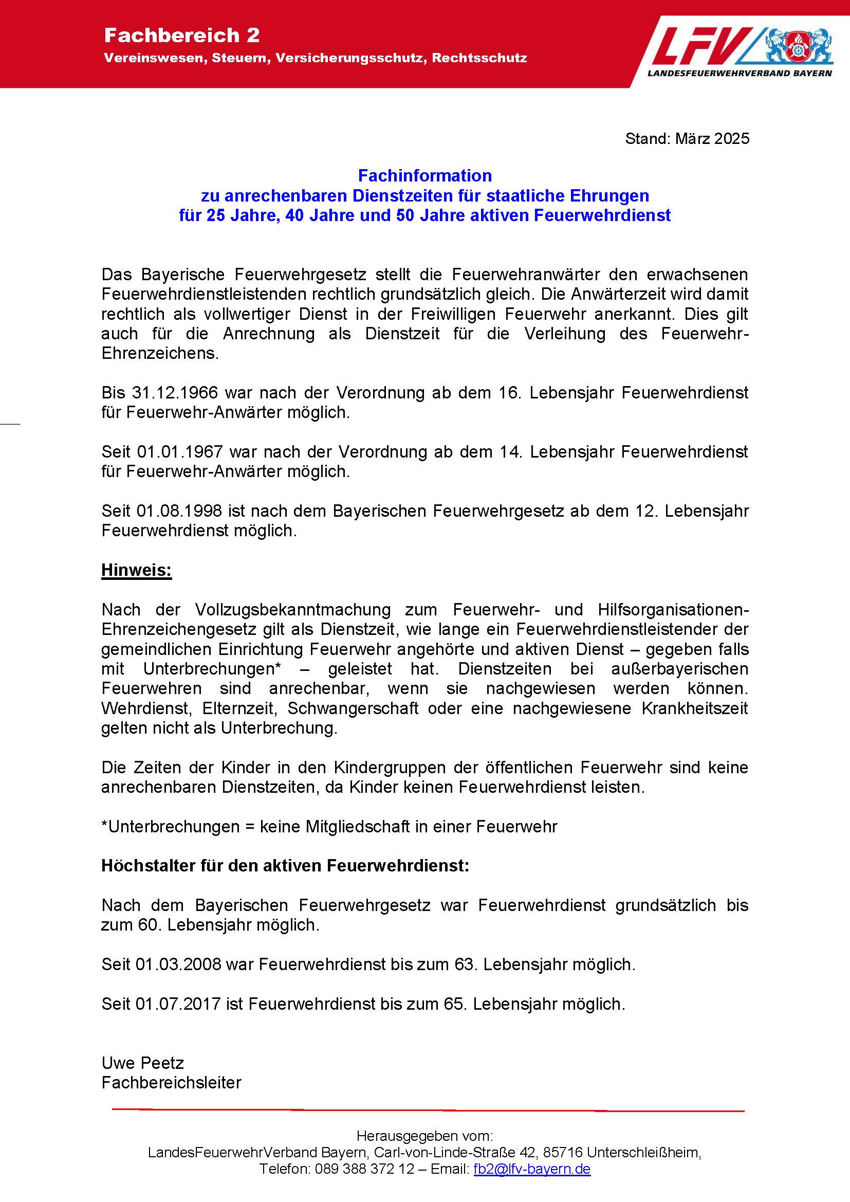 Fachinfo Dienstzeiten in der Feuerwehr 2025