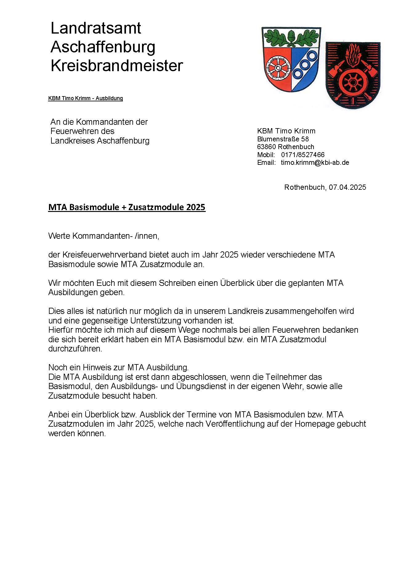 Rundschreiben MTA Basismodule Zusatzmodule 2025 Seite 1