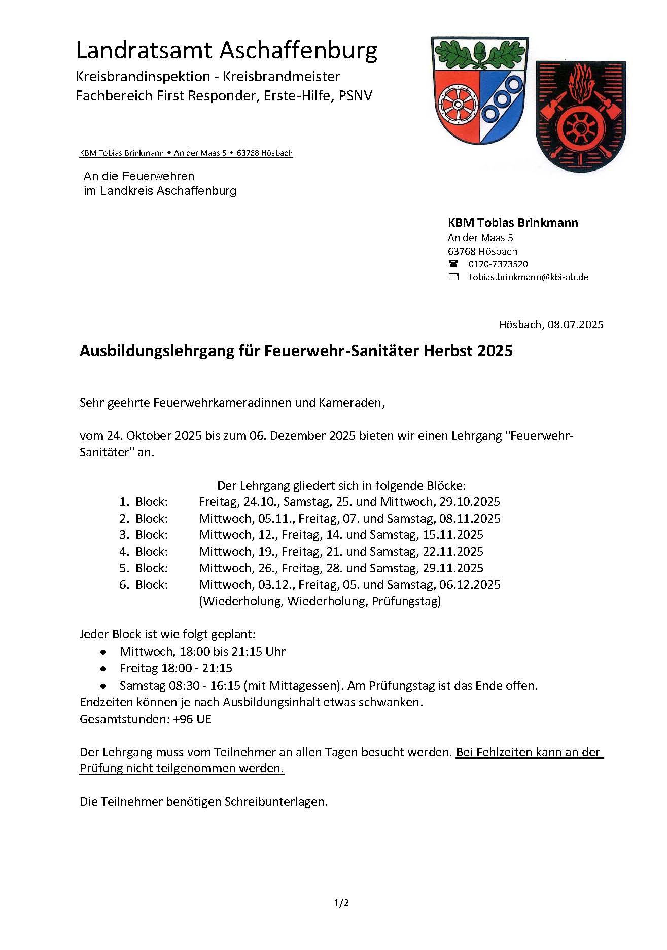 Einladung Lehrgang Feuerwehr Sanitäter Herbst 2025 Seite 1