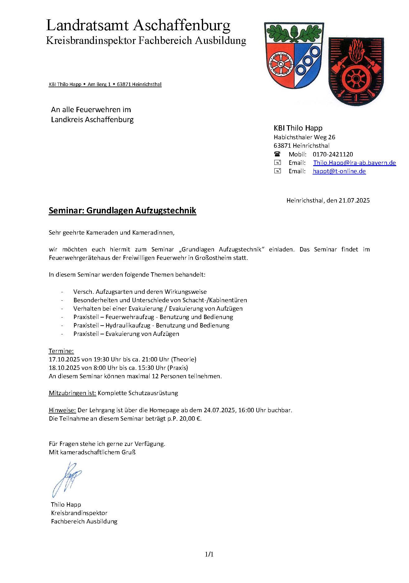 Einladungsschreiben Seminar Grundlagen Aufzugstechnik 01 2025