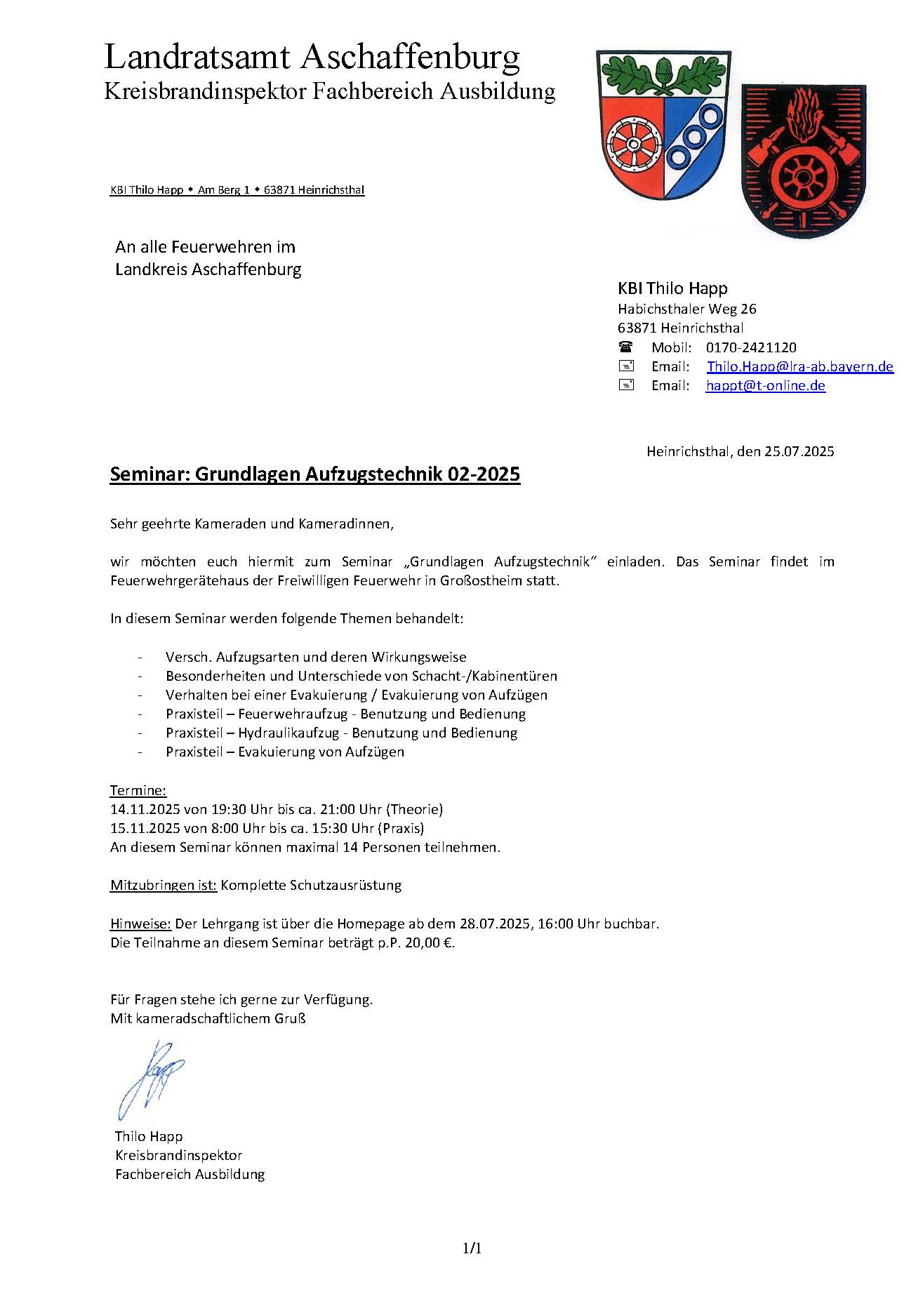 Einladungsschreiben Seminar Grundlagen Aufzugstechnik 02 2025