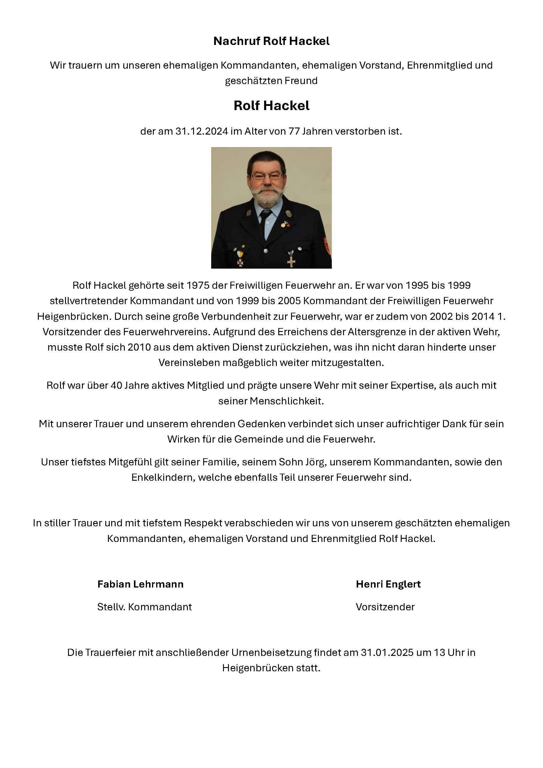 Nachruf Rolf Hackel
