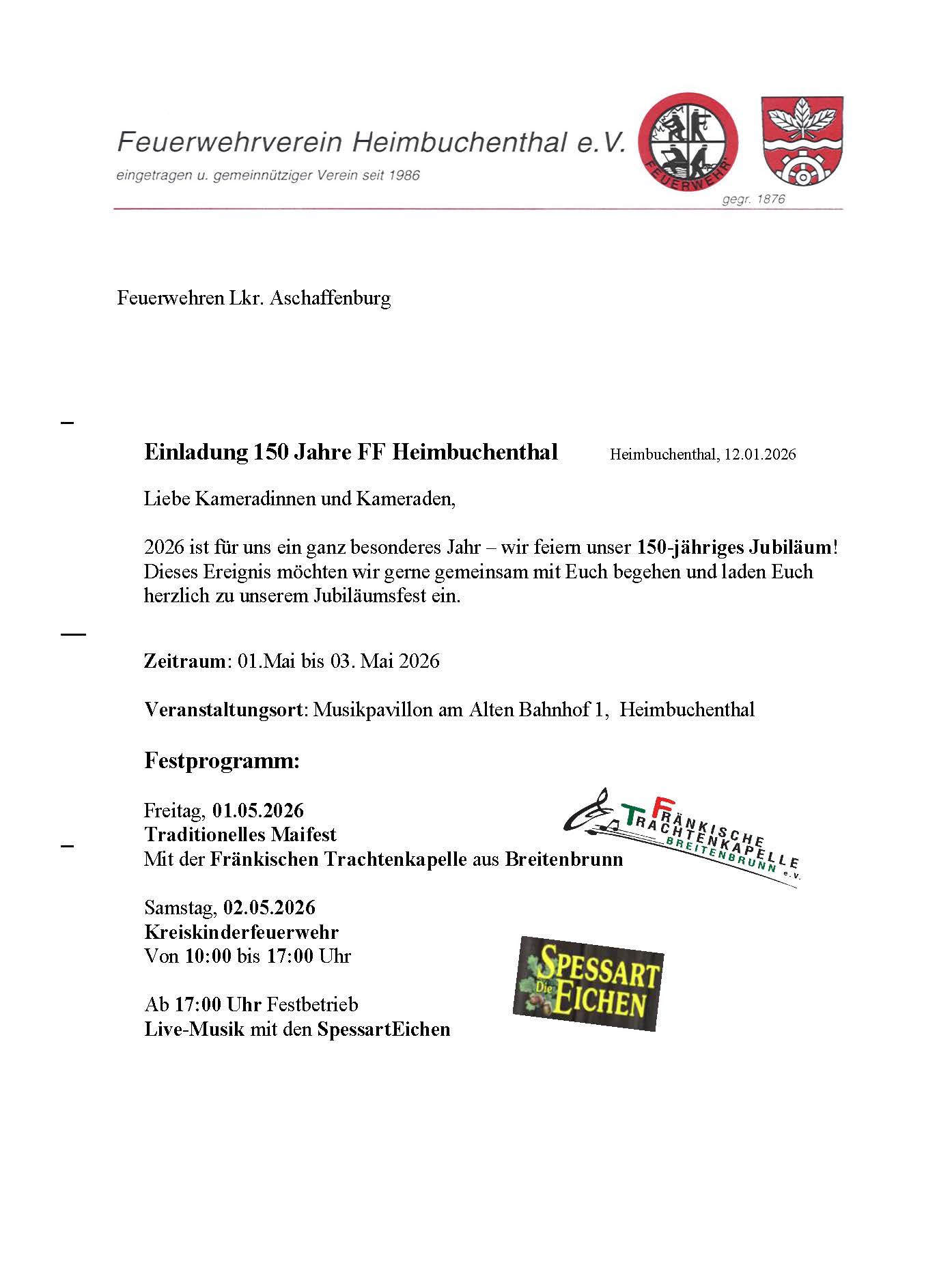 Einladung 150 Jahre FF Heimbuchenthal Seite 1