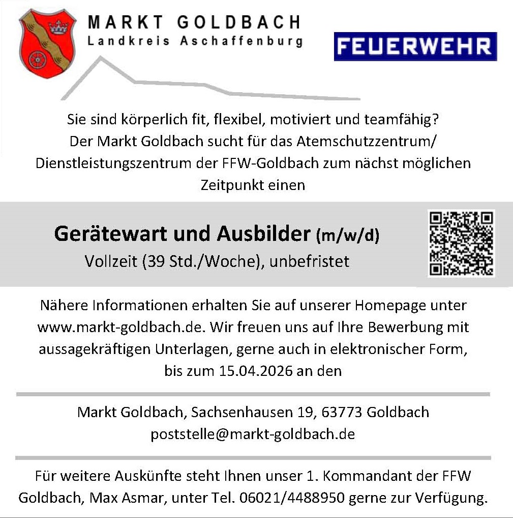 Stellenanzeige Gerätewart und Ausbilder Goldbach Kurzversion